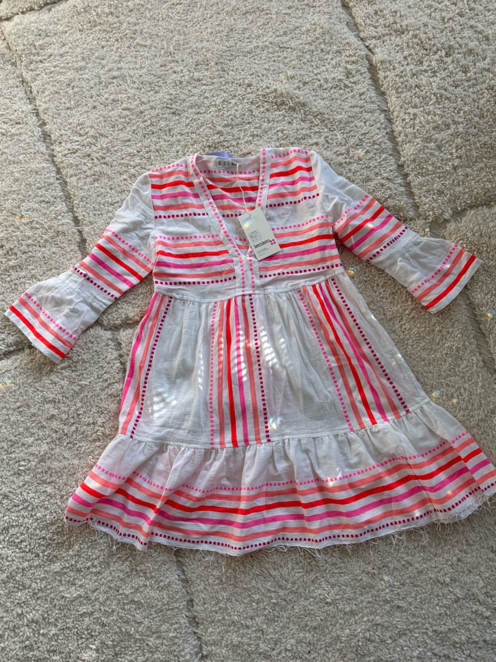 Lemlem White Dress with Pink & Red Stripe. Never worn, new with tags
